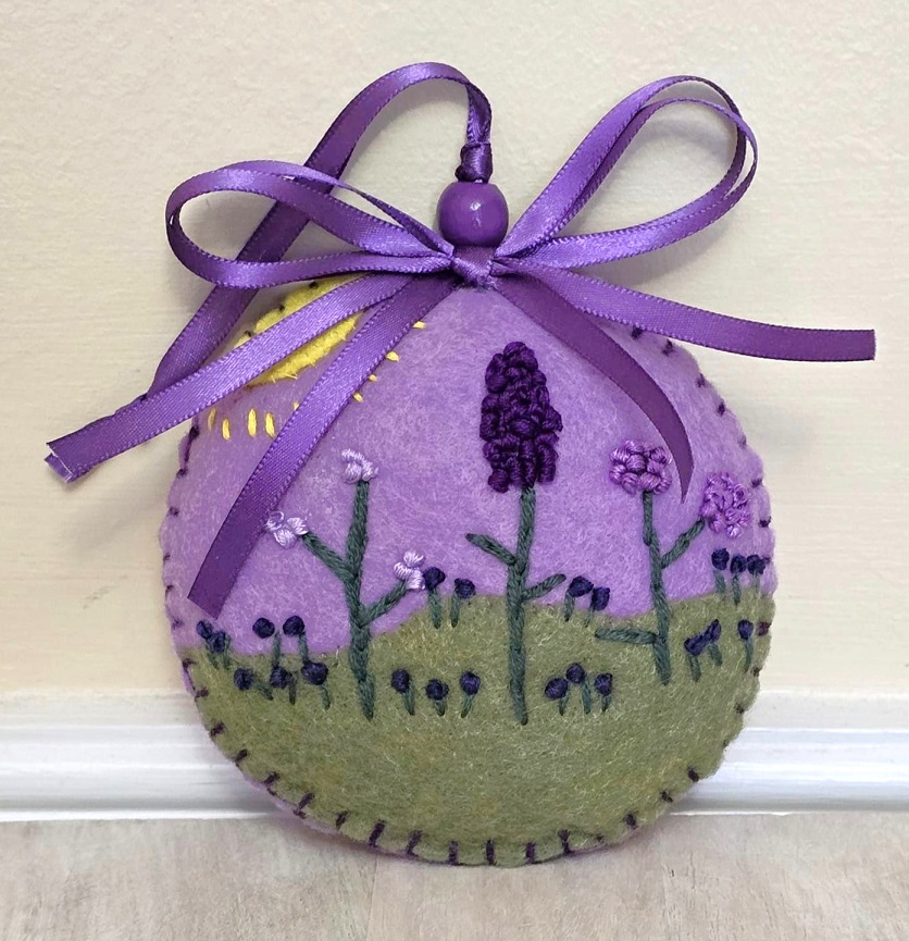 Felt ornament, handcrafted, purple ornament, embroidery ornament, spring purple flowers