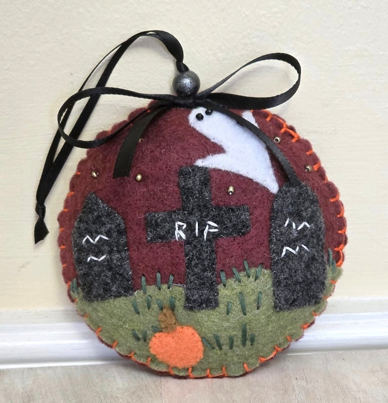 Graveyard scene ornament, halloween ornament, handmade ornament, felt ornament, embroidery and bead accents