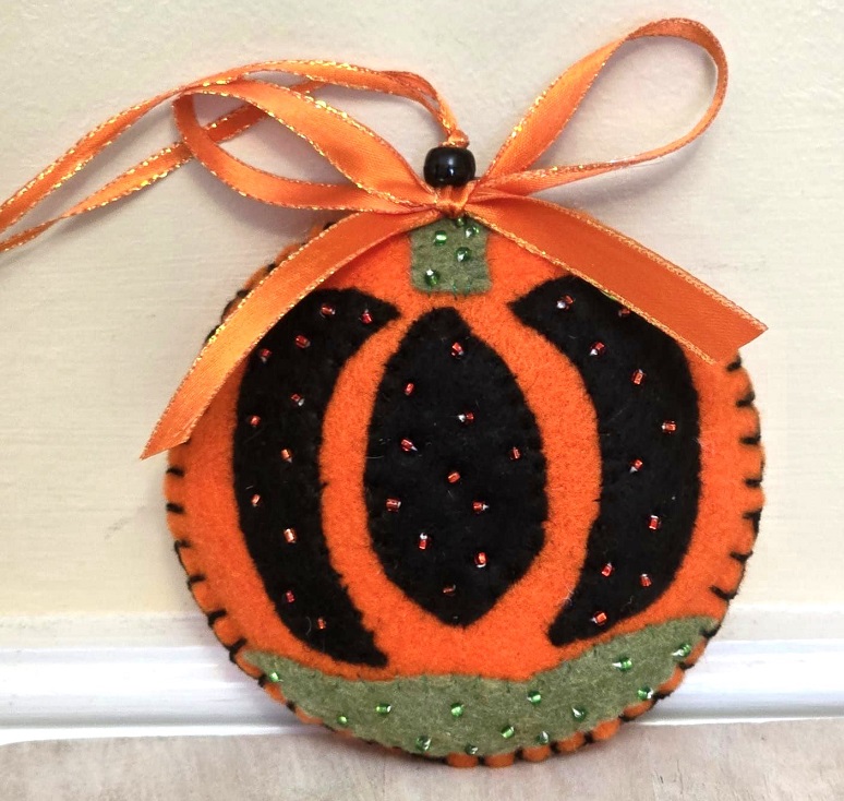 Felt ornament, handmade halloween ornament, black geometric pumpkin, bead accents