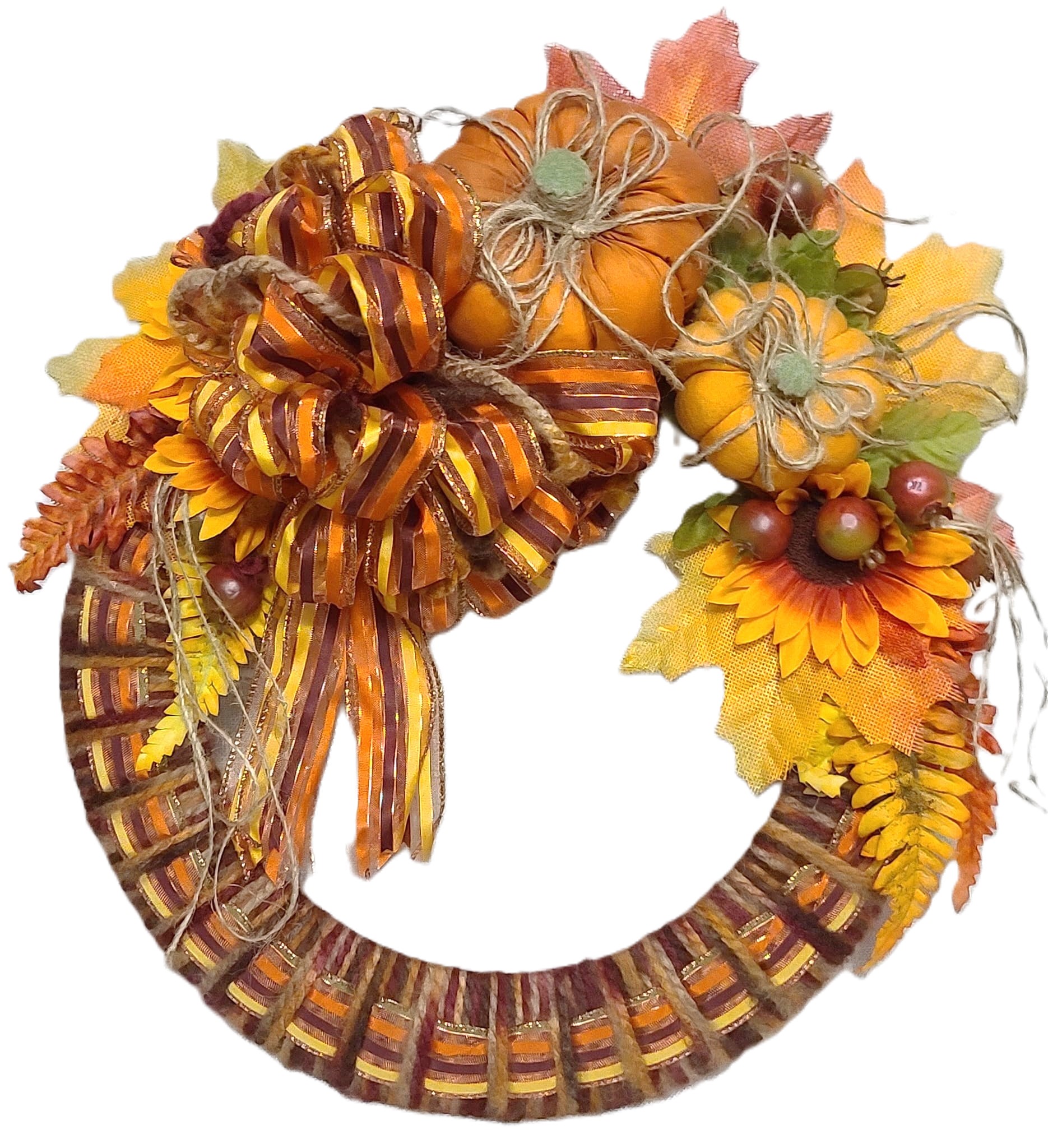 Yarn harvest wreath with pumpkins and foil foilage