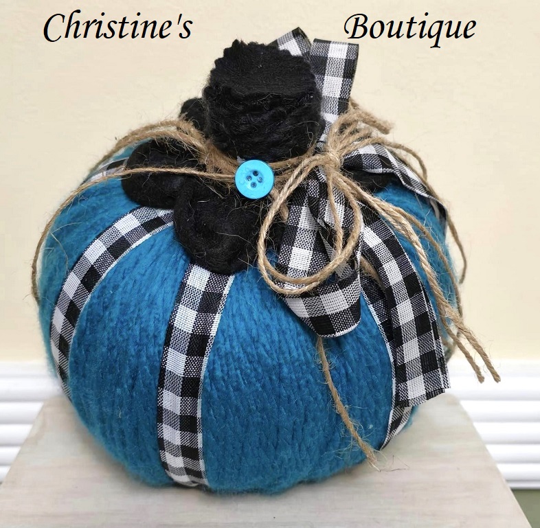 Handmade pumpkin, tabletop pumpkin decoration, teal pumpkin, teal yarn, black and white gingham bow