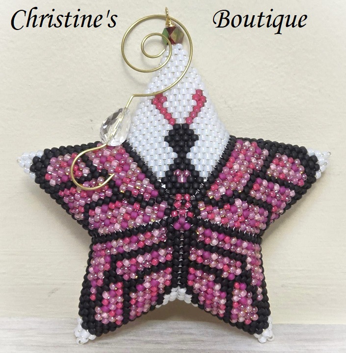 Handmade Miyuki Glass Beaded Peyote Ornament Butterfly Star, Pink multi