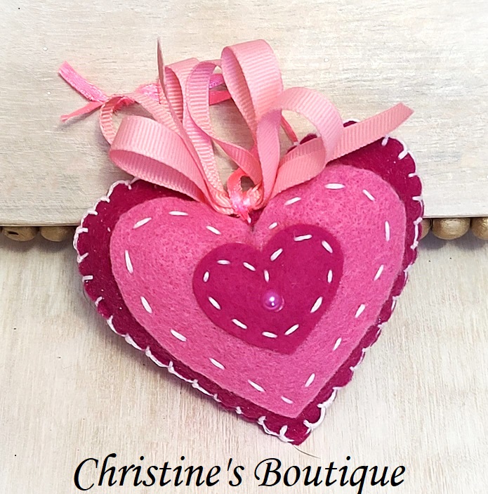 Valentine felt ornament, handcrafted with embroidery detail, pink hues heart ornament
