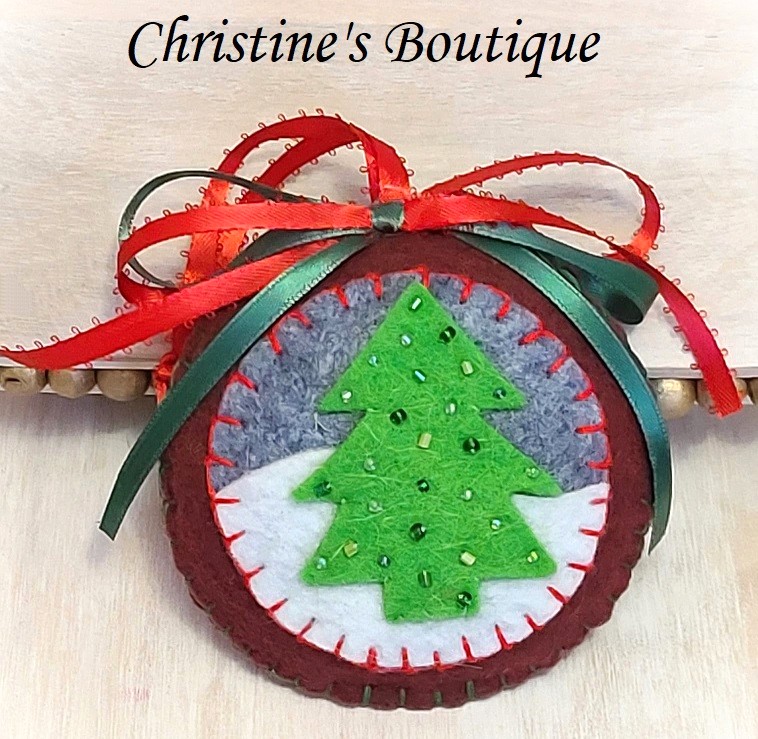 Felt christmas tree round ornament, handcrafted, with embroidery and glass bead accents