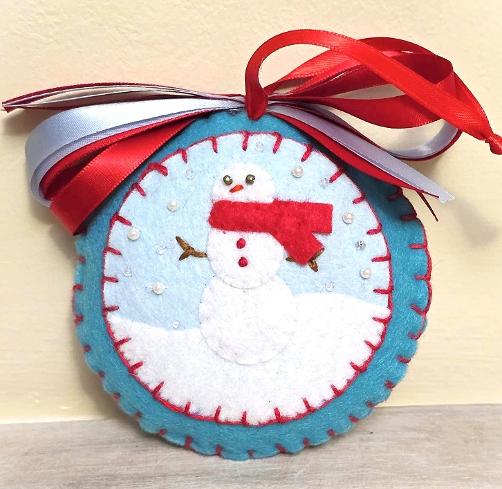 Felt ornament, handmade snowman in snow - red scarf