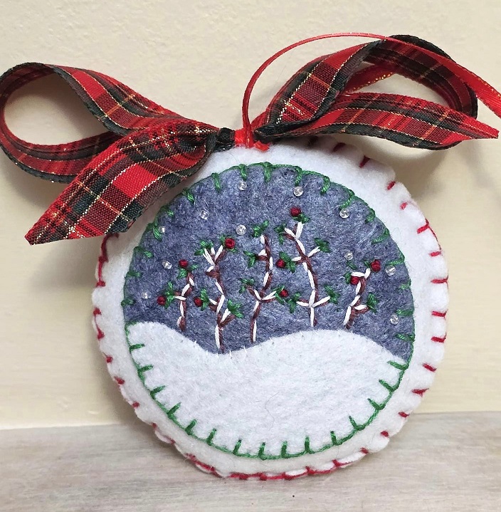 Felt ornament, handmade, plant foilage in snow, scenic, embroidery, felt and glass bead accents