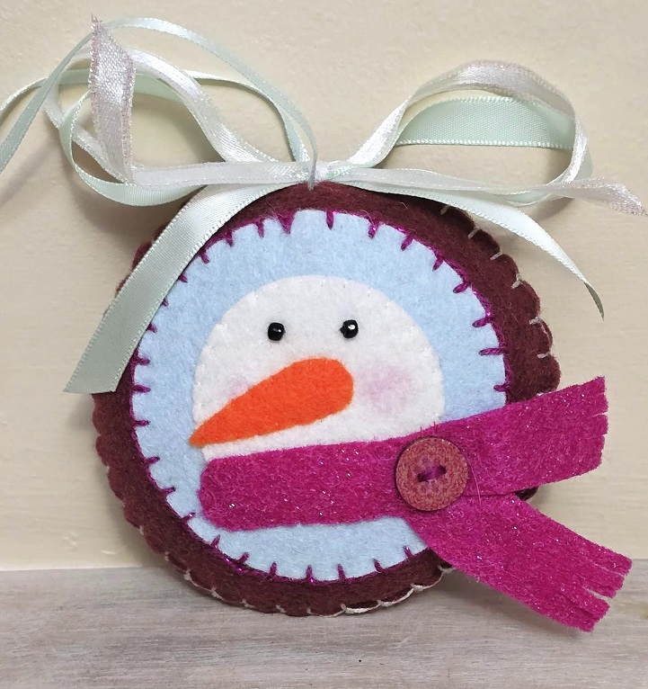 Felt ornament, handmade snowman face with scarf - burgundy and pink sparkle scarf