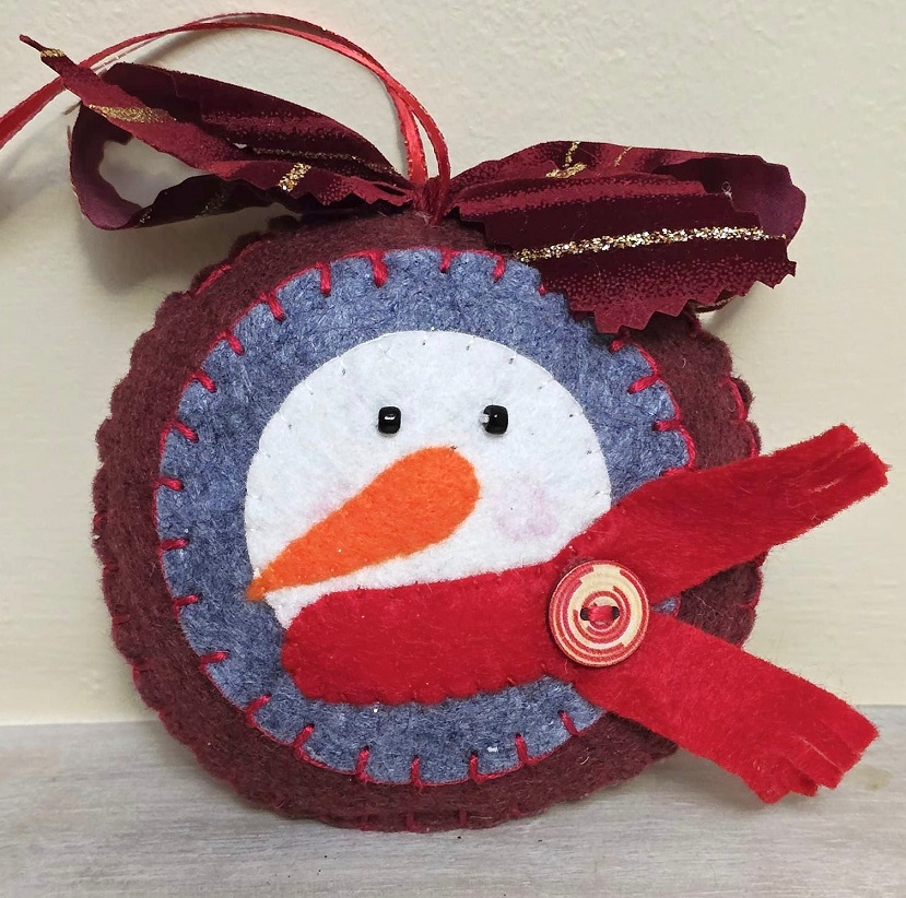Felt ornament, handmade snowman face with scarf - burgundy and gray