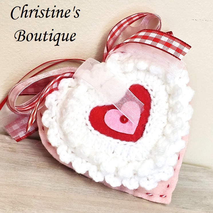 Valenetine heart ornament, mixed textiles, crochet, felt and pearl accent