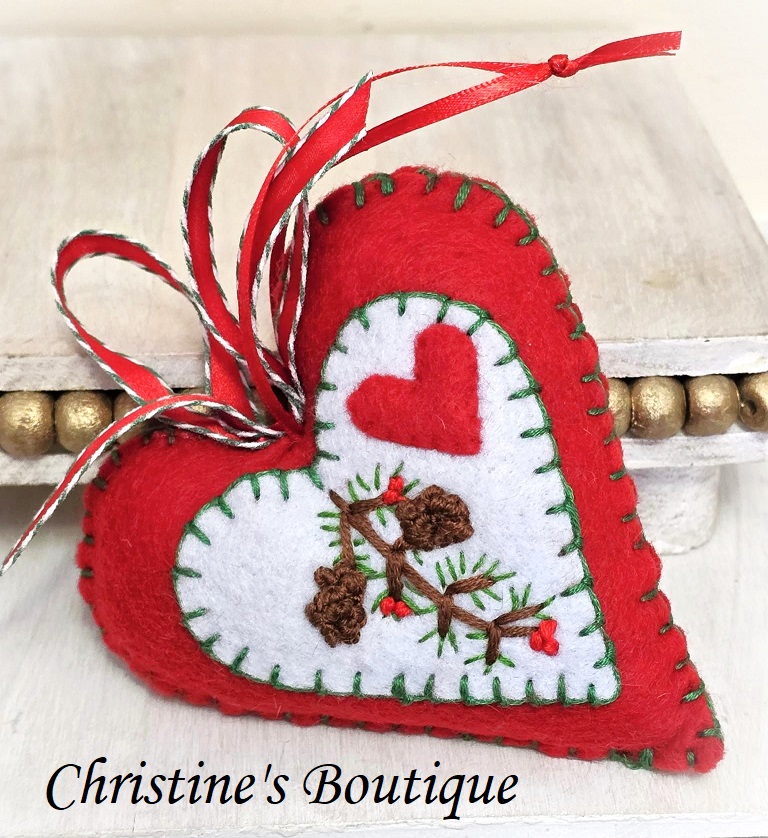 Felt heart ornament, handmade, with embroidery, pinecone and evergreen design