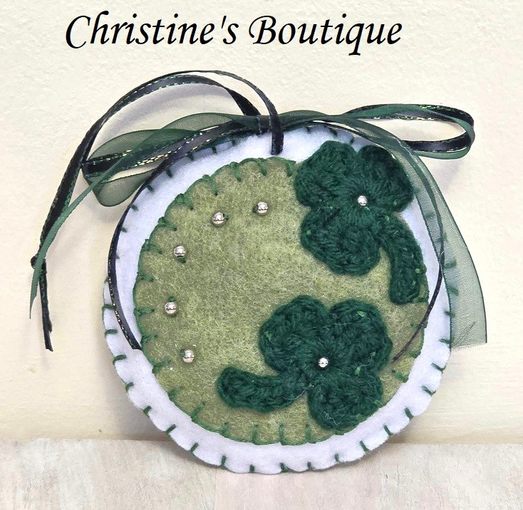 Handmade felt ornament, St Patricks day ornament, felt shamrock ornament, embroidered ornament, green shamrock ornament