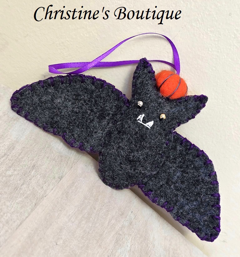 Handmade felt bat, gray bat with pumpkin on head, Halloween felt ornament