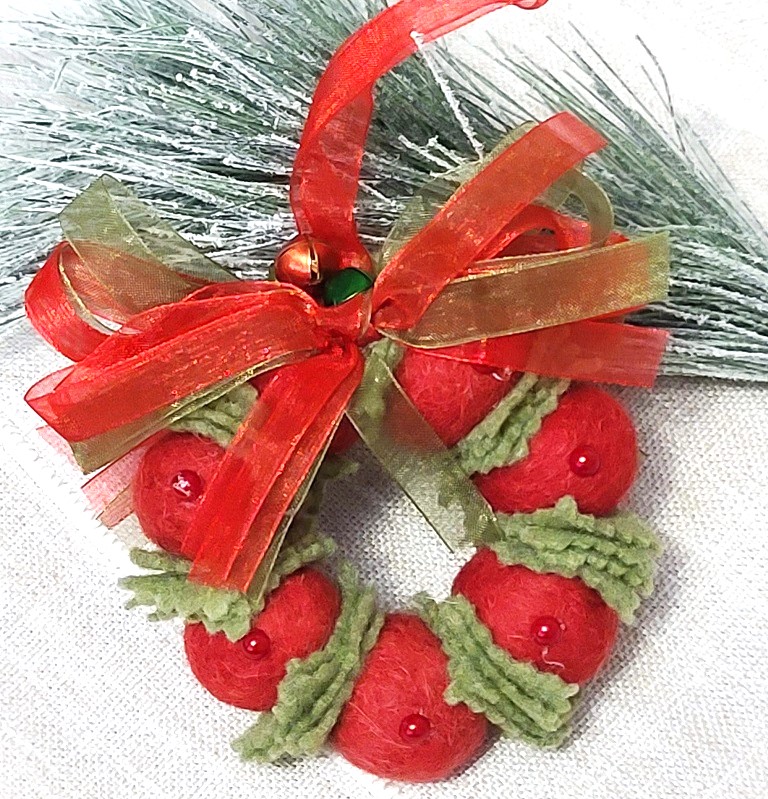 Wreath ornament, Wool felted wreath with fabric accents, jingle bells and ribbon bow - red with green