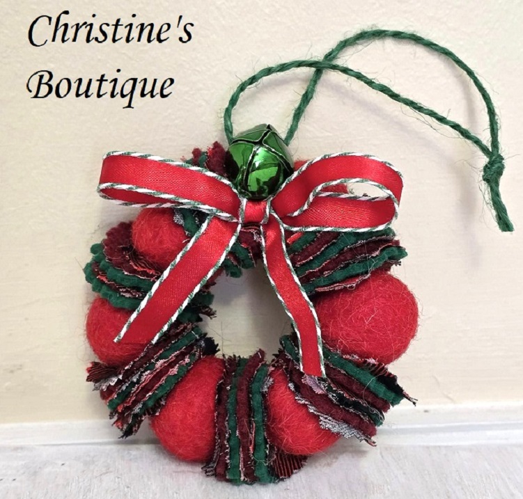 Wreath ornament, Wool felted wreath with fabric accents, jingle bells and ribbon bow - red, green and white accents