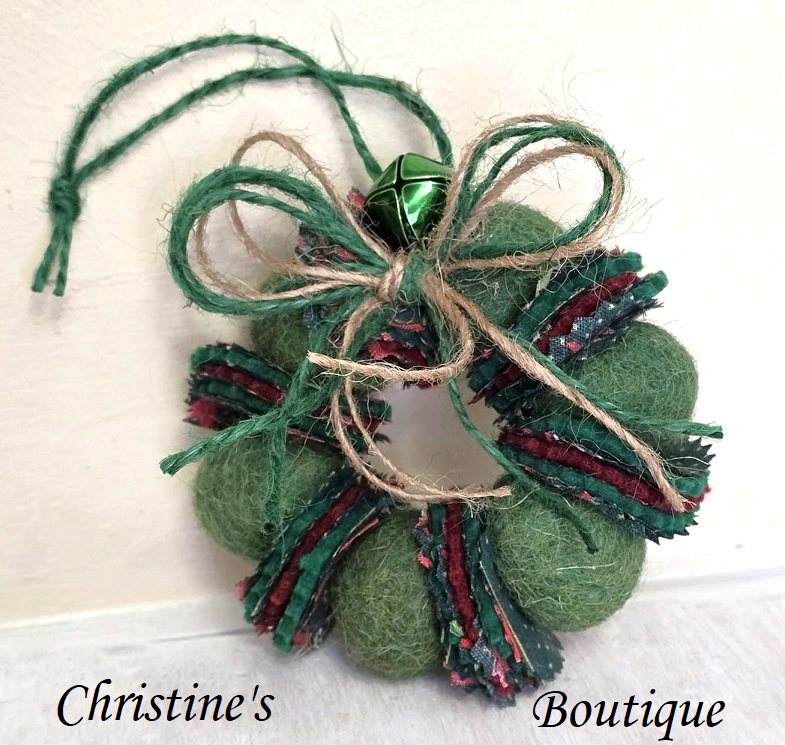 Wreath ornament, Wool felted wreath with fabric accents, jingle bells and ribbon bow - green with red accents s