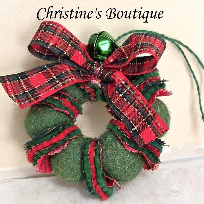 Wreath ornament, Wool felted wreath with fabric accents, jingle bells and plaid ribbon bow - green with red