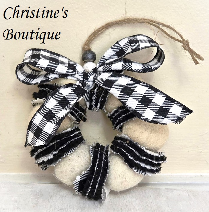 Wreath ornament, Wool felted wreath with fabric accents, white and black, gingham bow