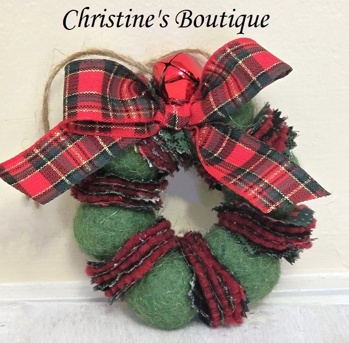 Wreath ornament, Wool felted wreath with fabric accents, jingle bells and plaid ribbon bow - green with red