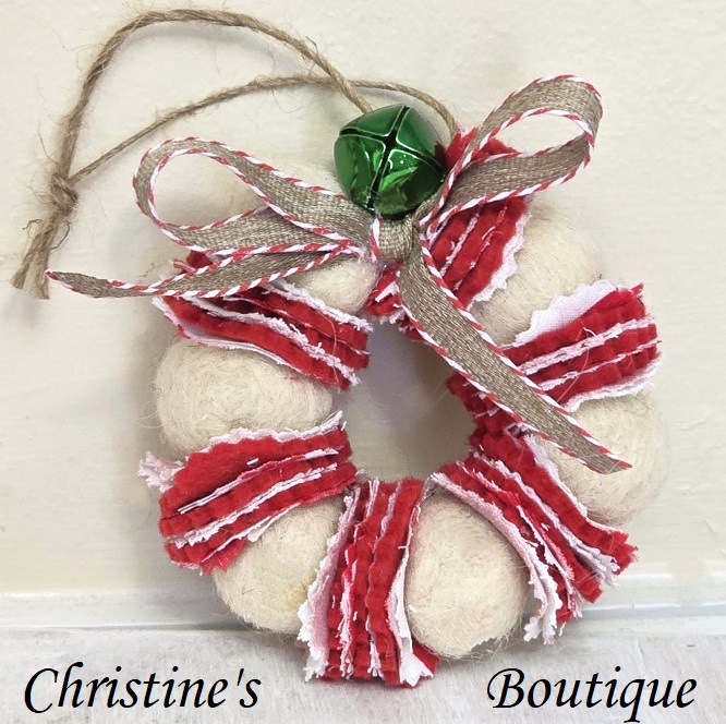 Wreath ornament, Wool felted wreath with fabric accents, jingle bells and plaid ribbon bow - white