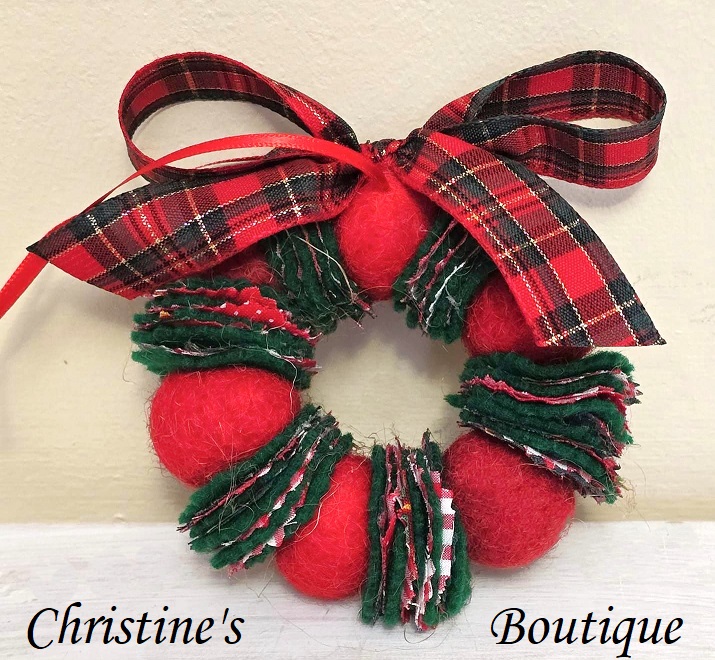 Wreath ornament, Wool felted wreath with fabric accents, plaid ribbon bow - red with green
