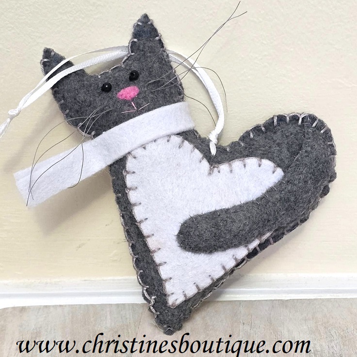 Cat ornament, handmade ornament, felt ornament, gray cat heart ornament