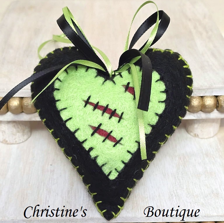 Halloween ornament, handcrafted ornament, felt ornament, zombie heart oranament