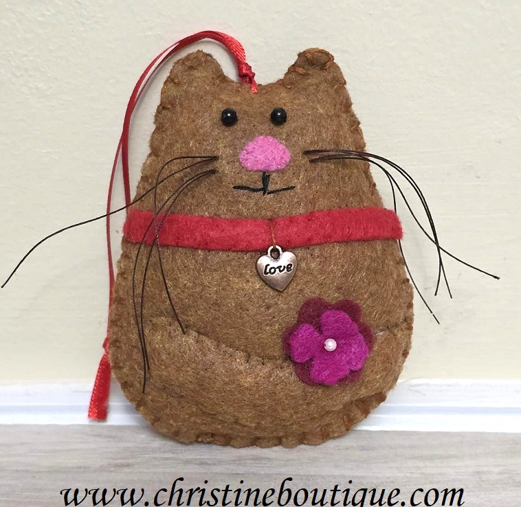 Cat, cat ornament, gingerbread cat, handmade cat ornament with flower, heart charm