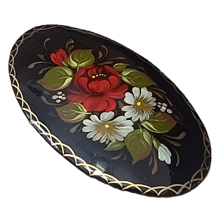 Russian Hand painted black and red and white flowers pin