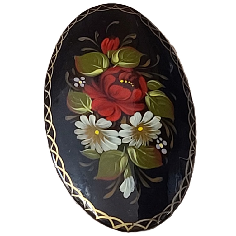 Russian Hand painted black and red and white flowers pin