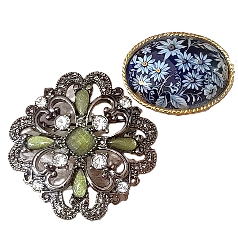 Vintage pins, floral cabachon pin and green cabachon oval pins