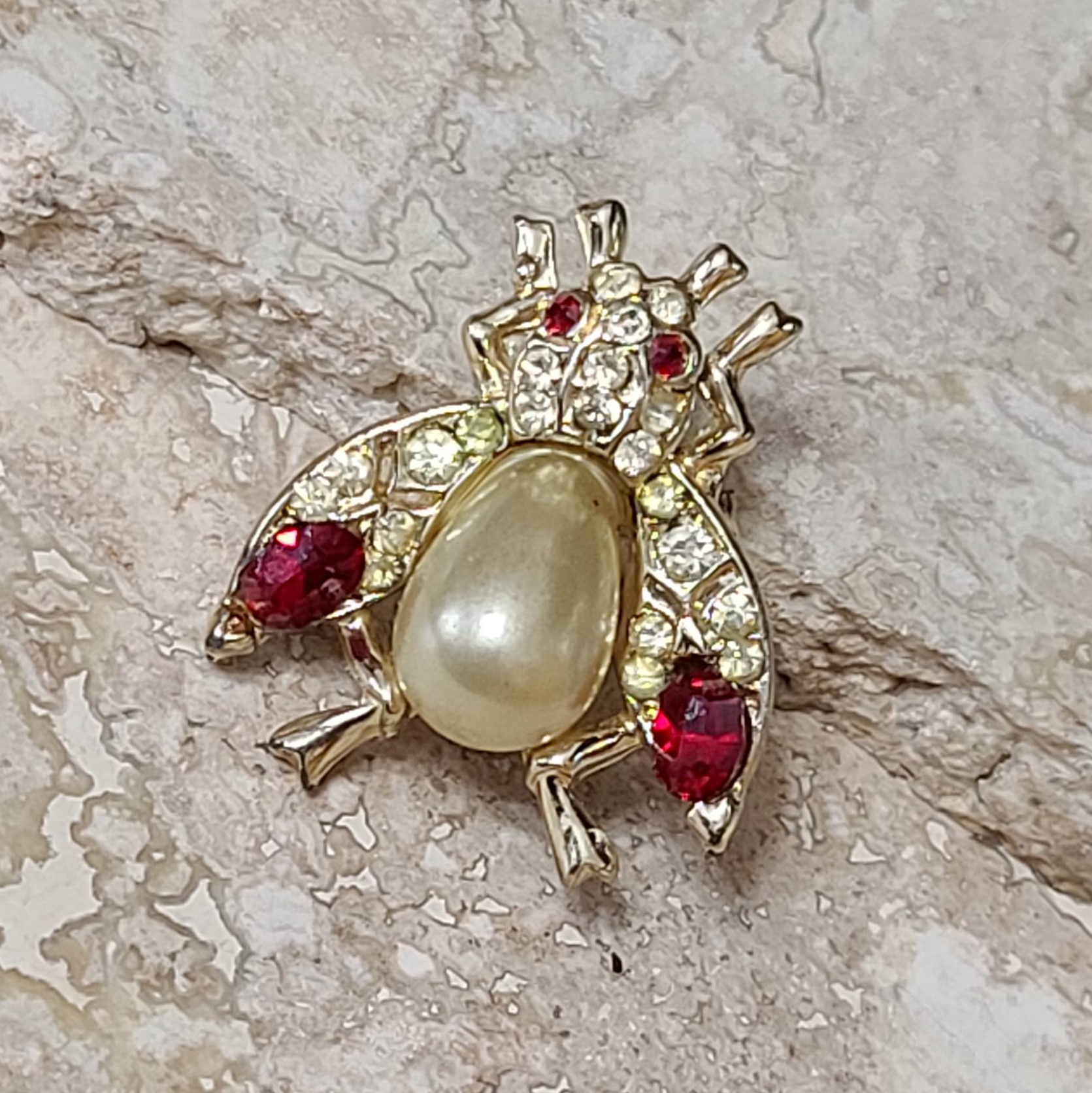 Red rhinestone goldtone vintage bee bug pin