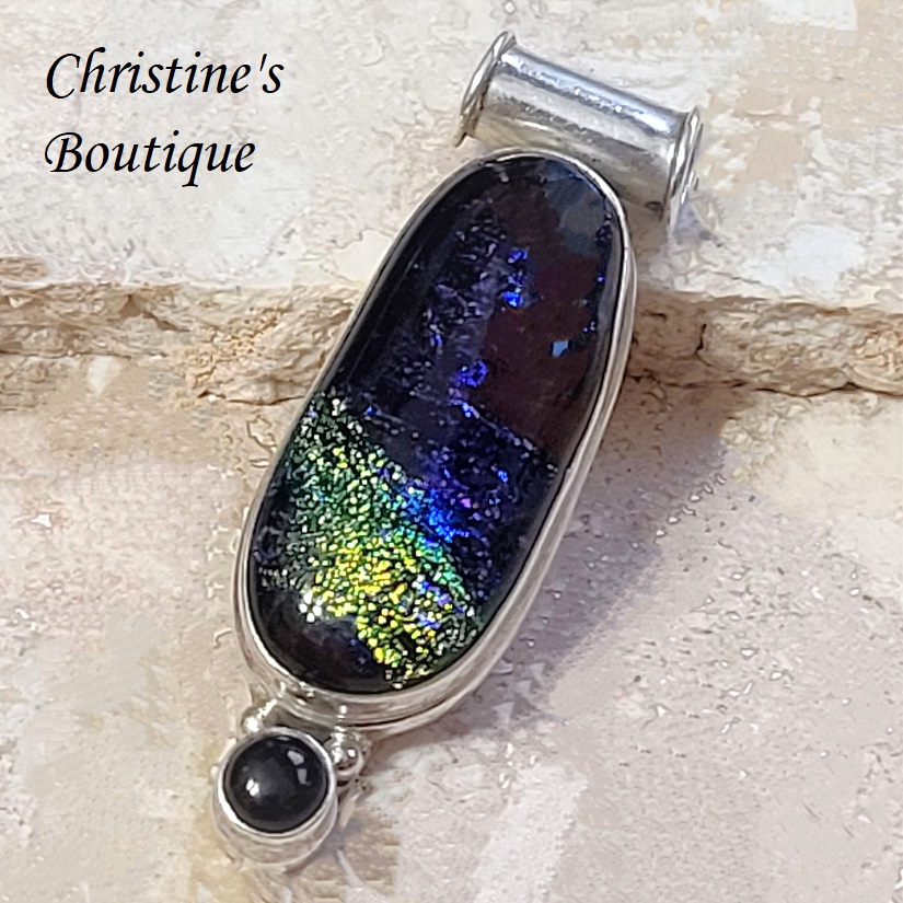 Dichroic Glass pendant with black onyx gemstone, set in 925 sterling silver