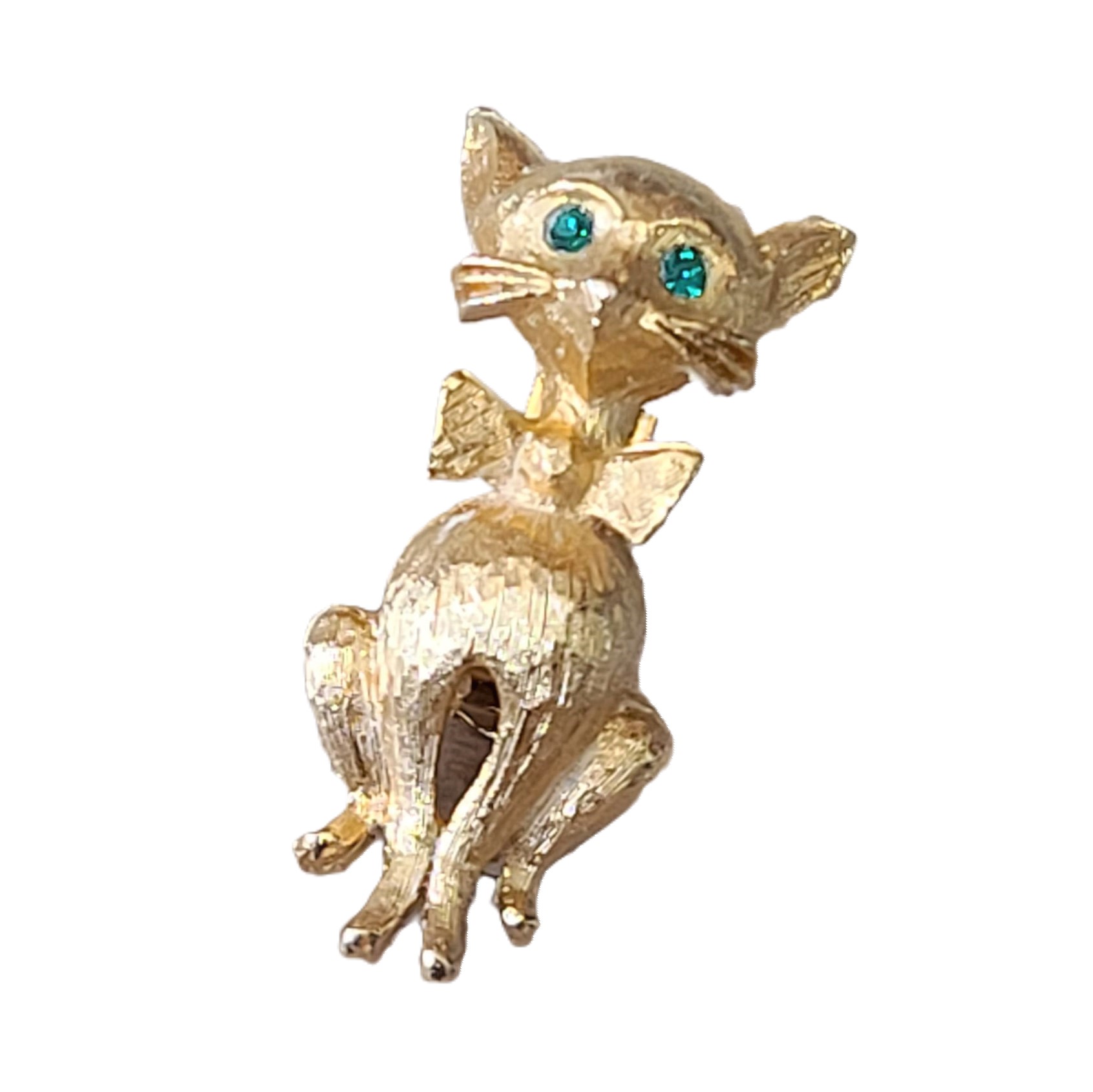 Goldtone vintage cat with green rhinestone eyes