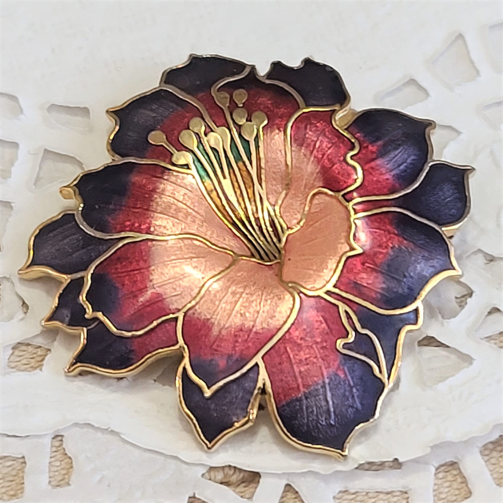Cloisonne flower purple and pink brooch pin