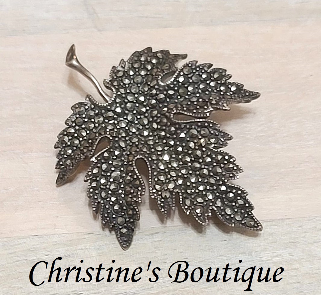 Marcasite maple leaf pin, sterling silver with marcasite