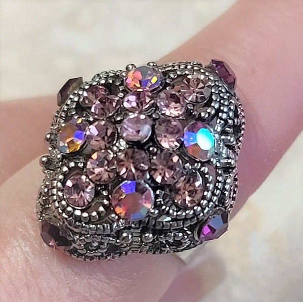 Austrian crystal ring, antique look, statement adjustable ring