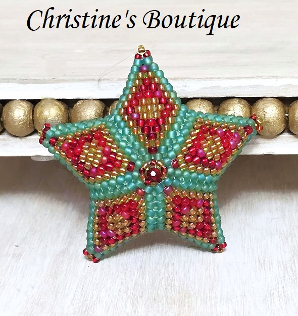 Handmade Beaded 3D Star Ornament, Glass Christmas Tree ornament, green and red