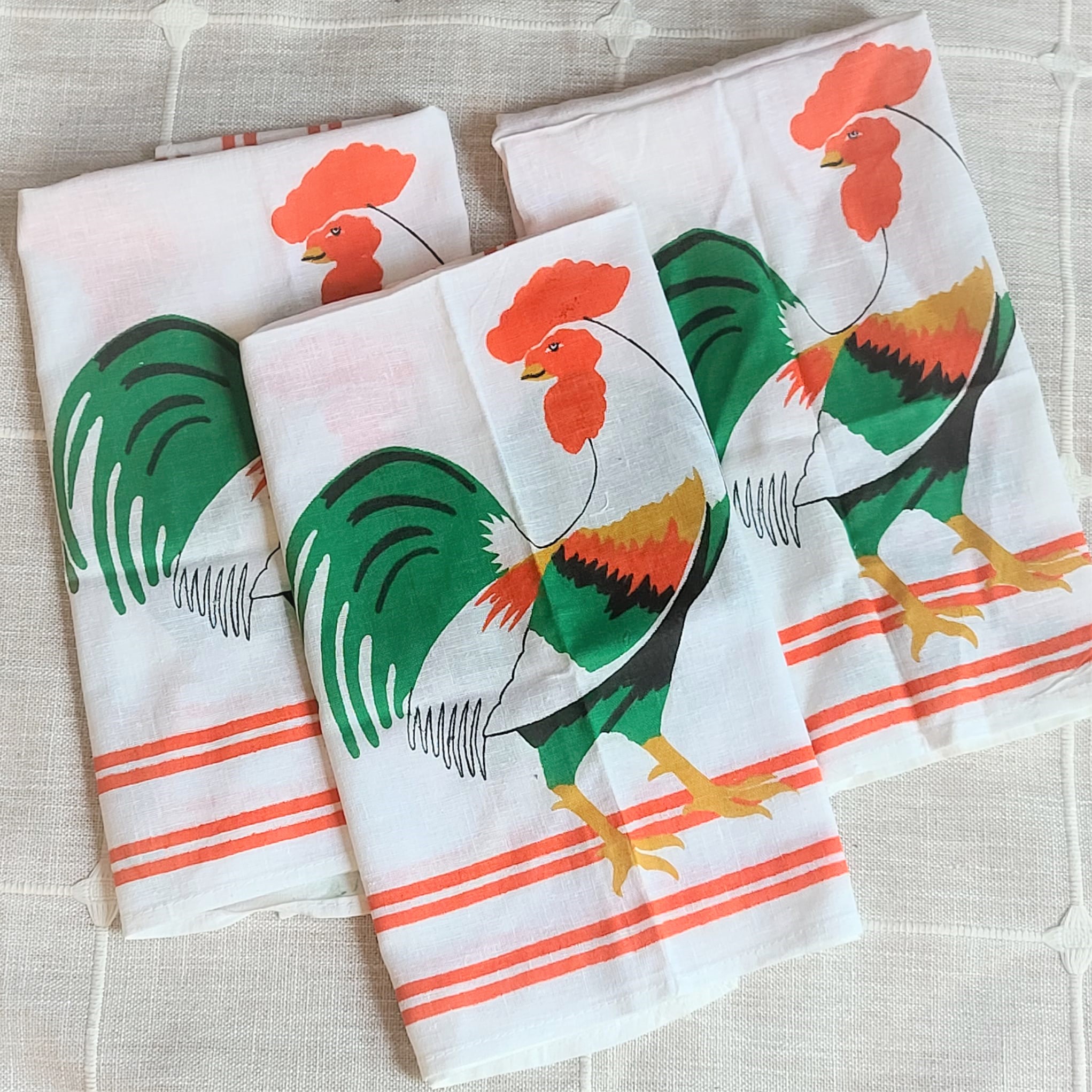 Vintage set of 3 tea towels - Rooster pattern