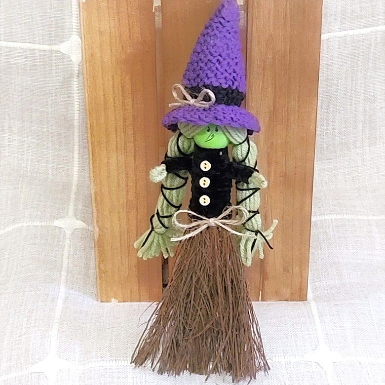 Cinnamon scented mini broom kitchen witch doll - purple knit hat
