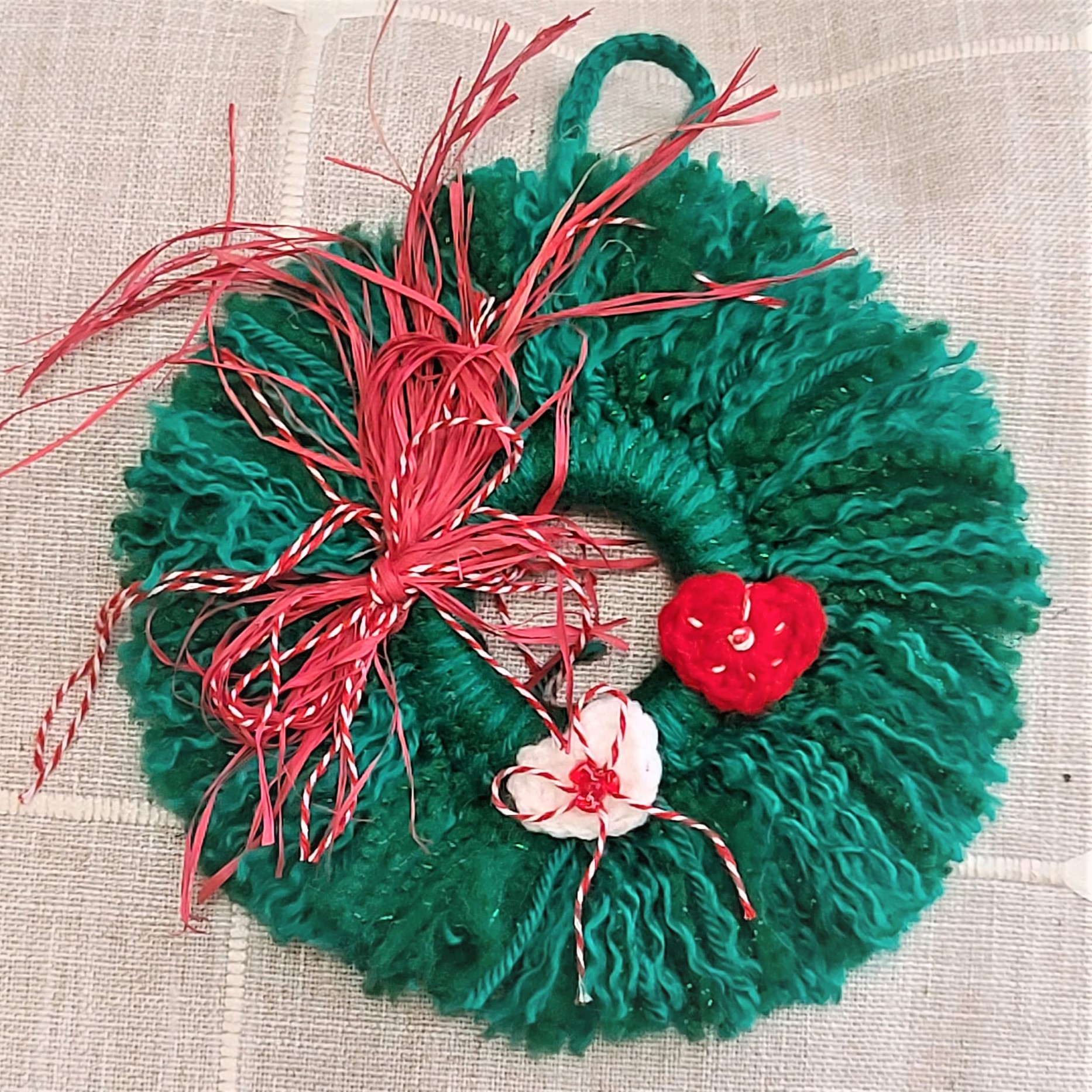 Mini yarn wreath ornament 7" Christmas evergreen with red accent