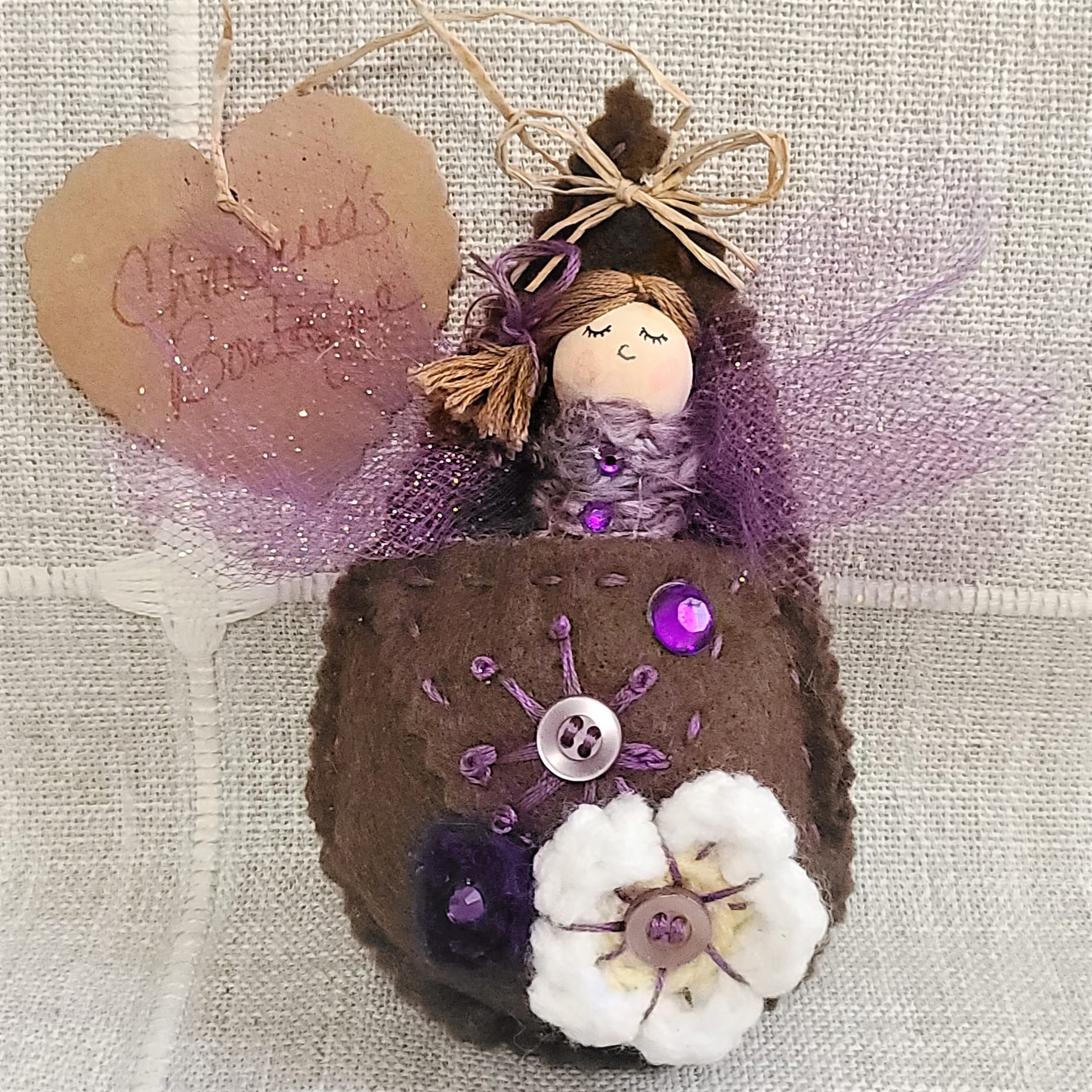 Pod babies whimsical ornament -brown hair purple/brown pod