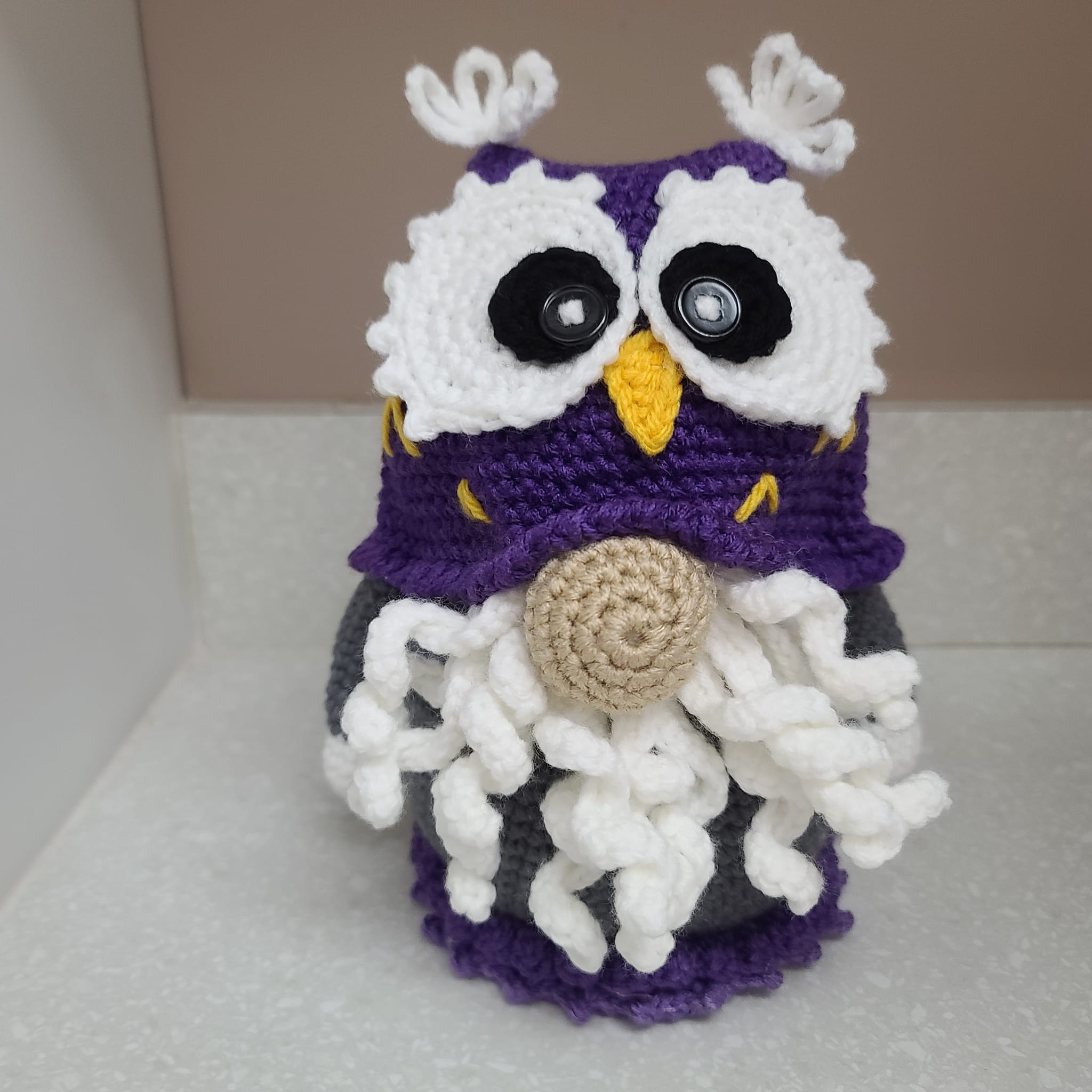 Handmade Crochet Purple Owl Gnome, Halloween Owl, Gnome - Click Image to Close