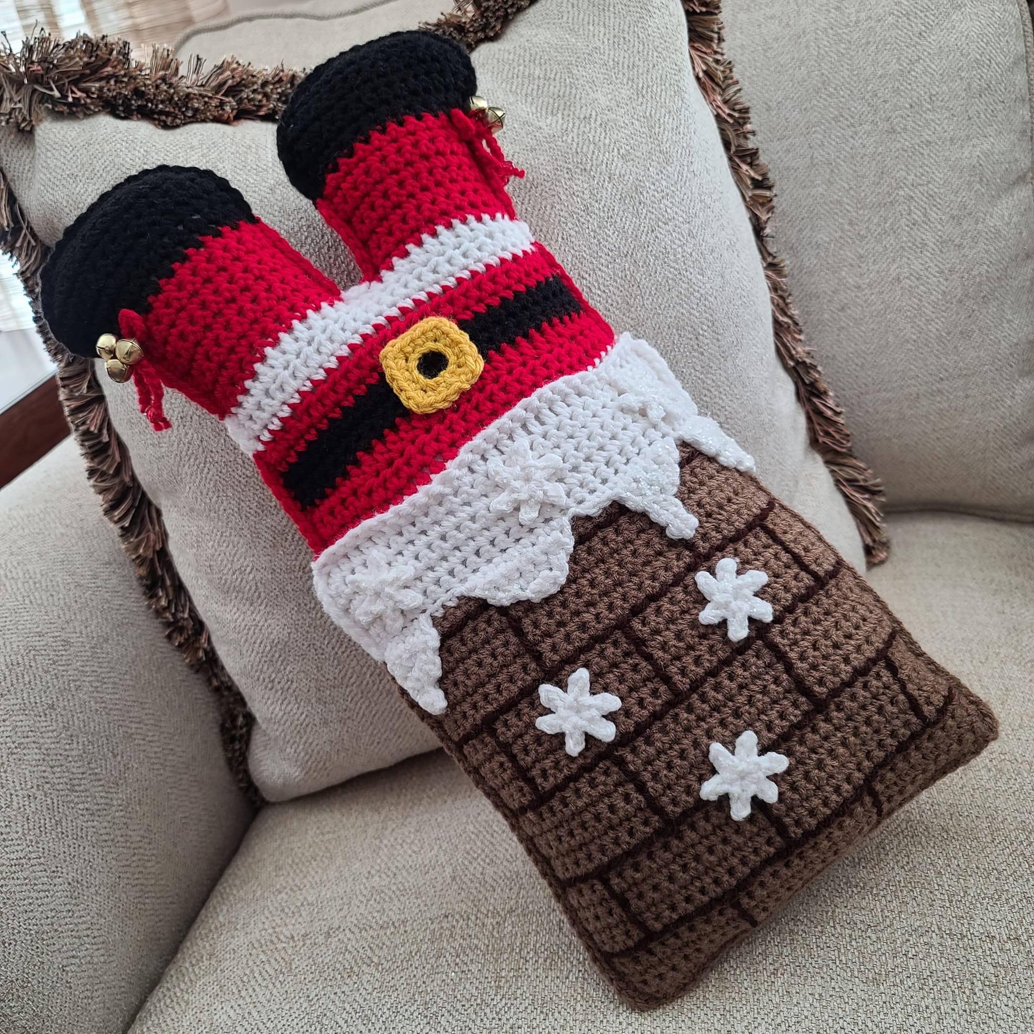 Large Crochet Pillow Santa stuck in the Chimney Pillow Christmas