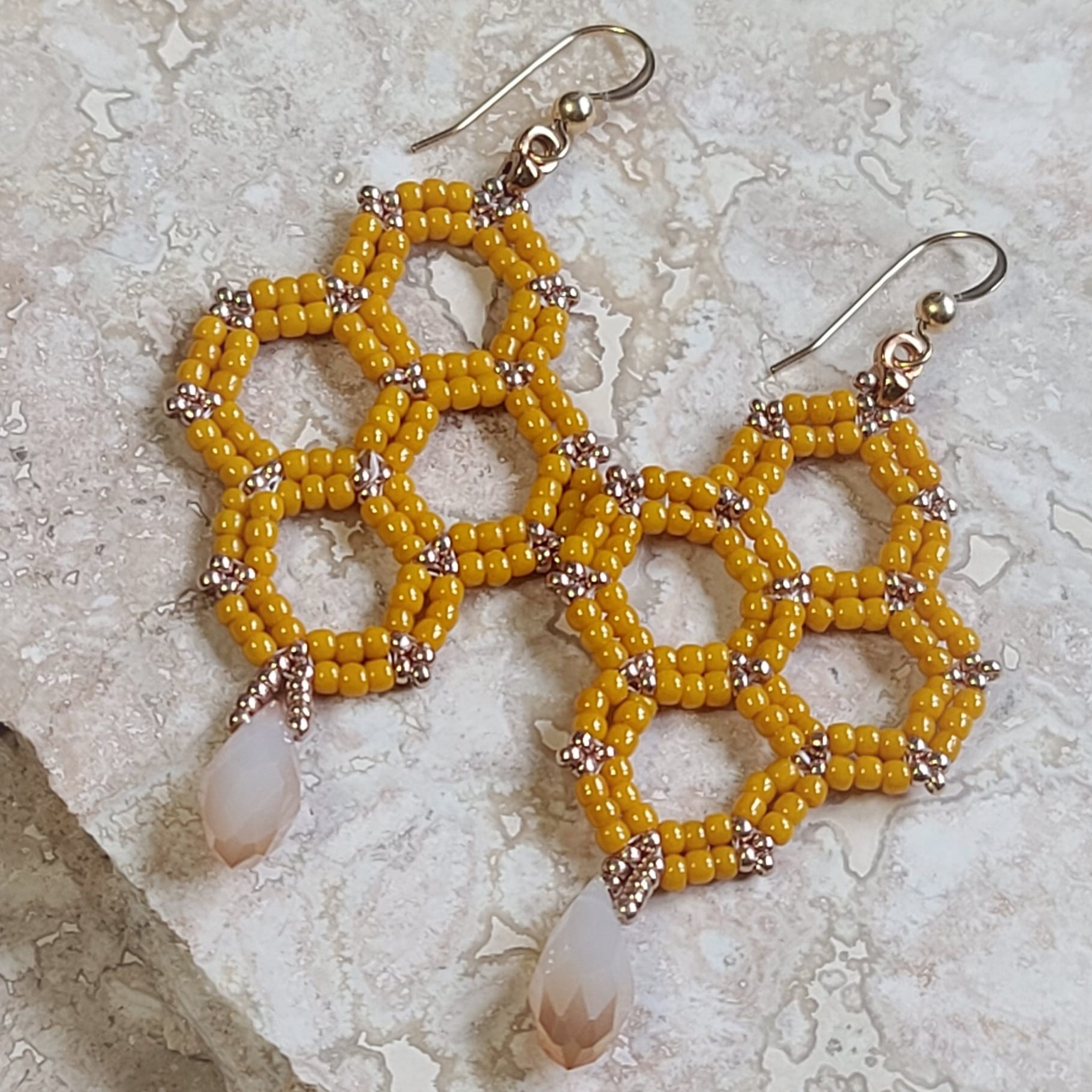 Handmade Seed Bead Earrings, Honeycomb Earrings 24kt Gold fill - Click Image to Close
