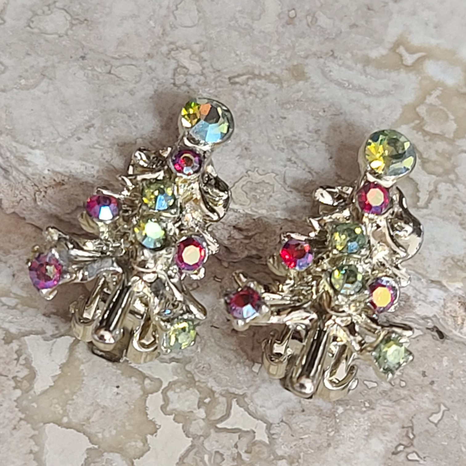 Aurora borrealis christmas tree earrings clip ons