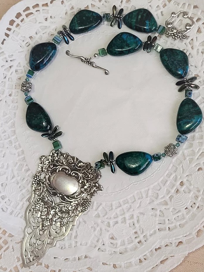 Antique 800 Silver Cake Server Pendant, with Green Chrysocolla