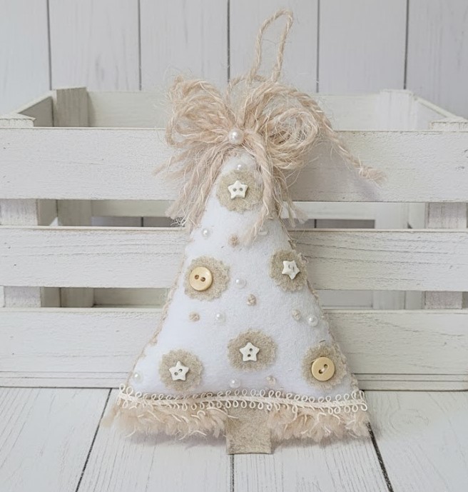 Christmas felt tree ornament - white and beige