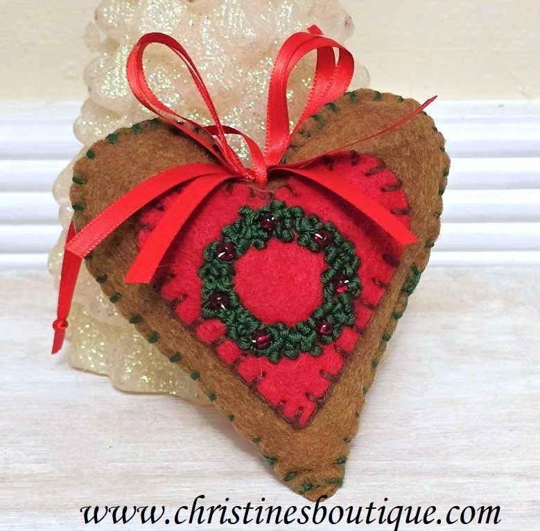Heart ornament, felt and embroidery wreath ornament, felt heart ornament, handcrafted ornament - Click Image to Close