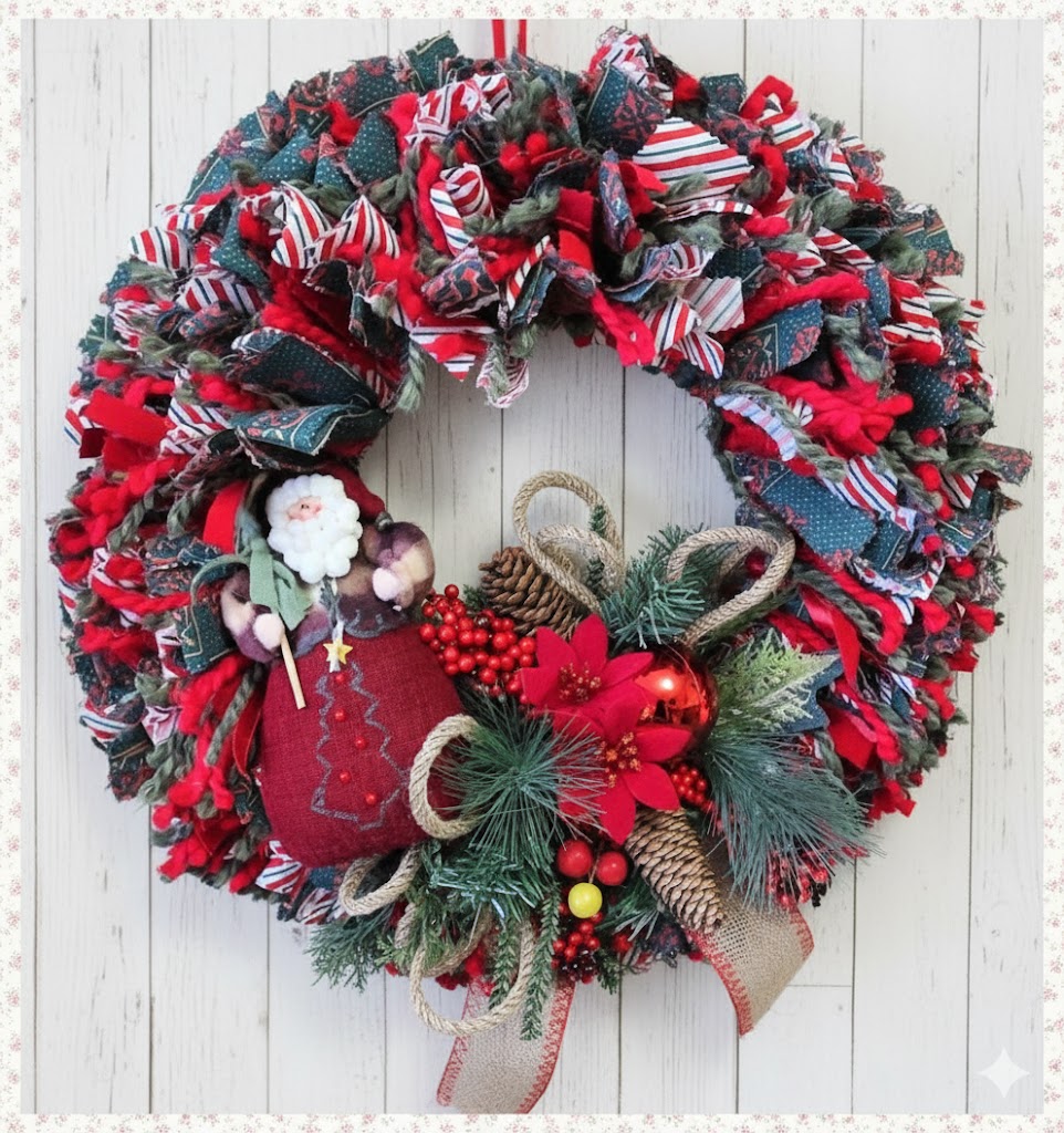 Christmas Rag Wreath with mixed fibers, felt and fabric