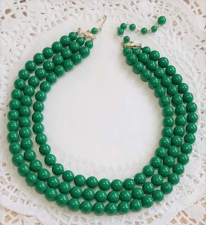 Green 3-Strand Bead Necklace Signed Japan